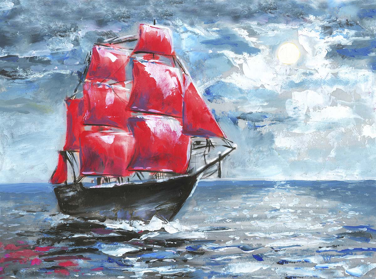 A painting of a ship with red sails
