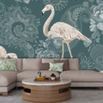 A wallpaper with flamingos and flowers