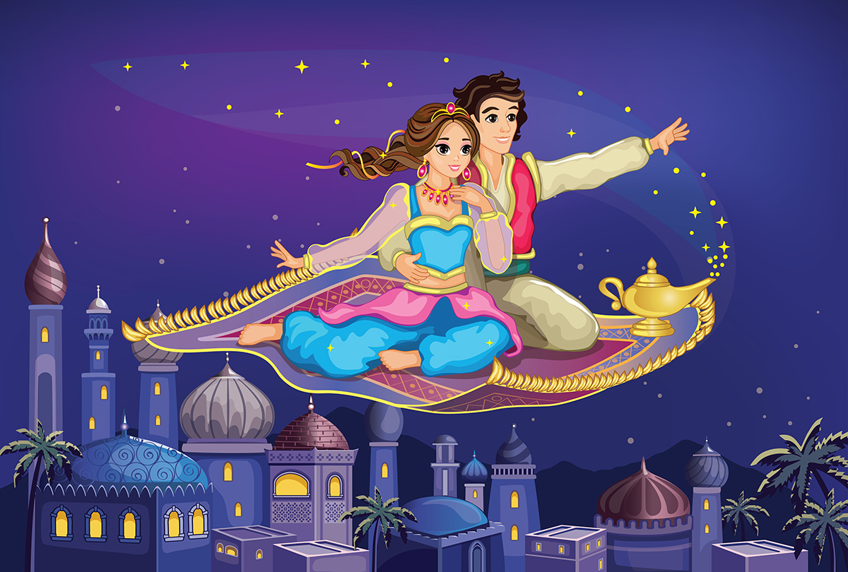 A cartoon of a man and a woman sitting on a flying carpet
