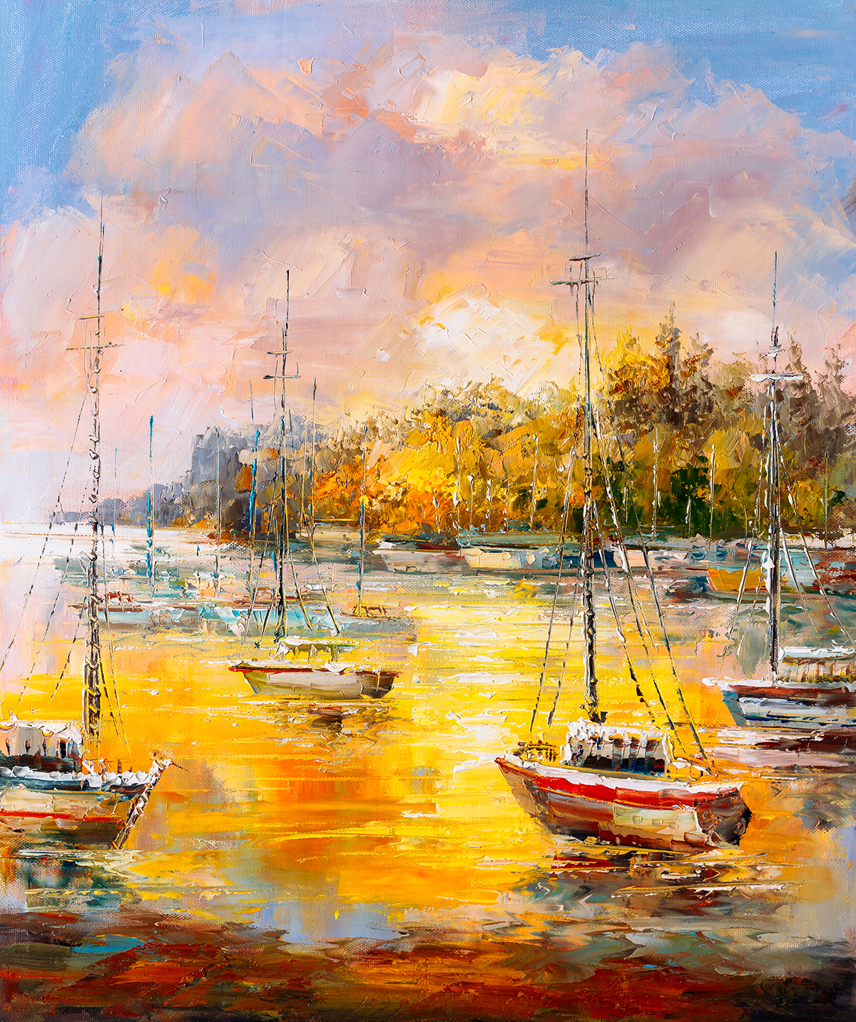 A painting of boats in a harbor