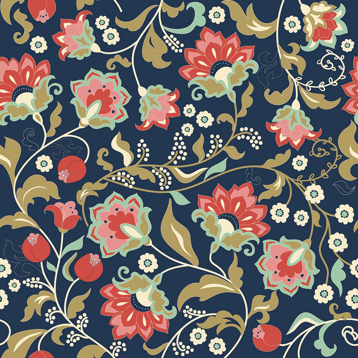 A colorful floral pattern on a blue background