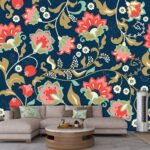 A colorful floral pattern on a blue background