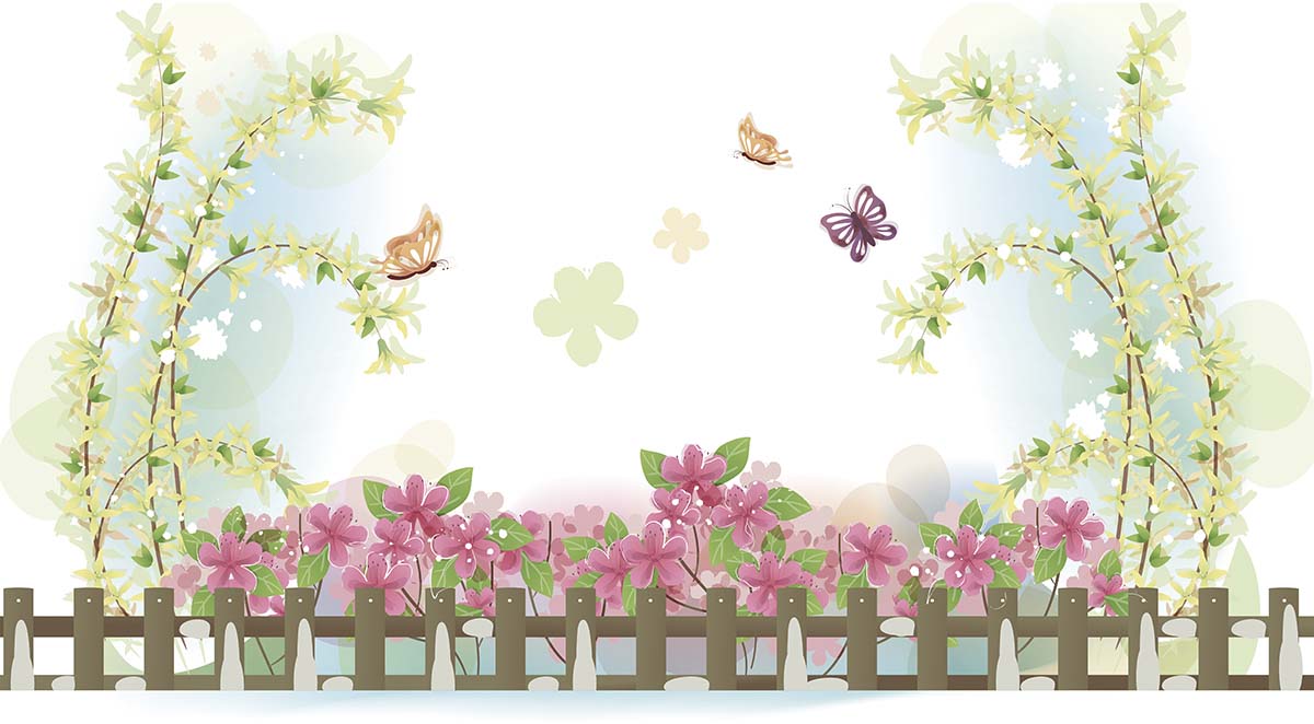 A fence with flowers and butterflies