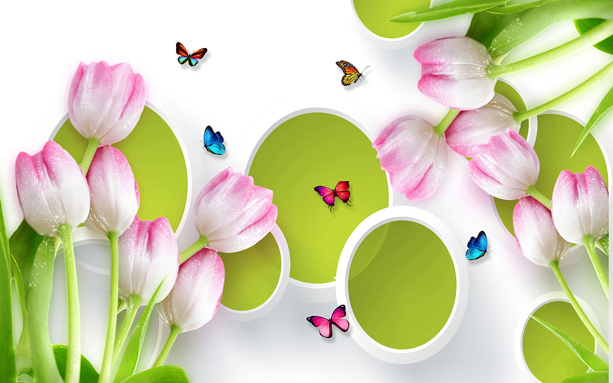 Butterflies and flowers on a white surface
