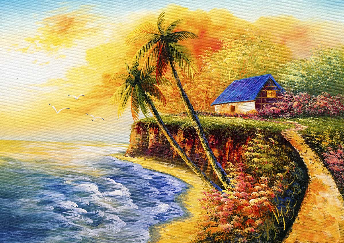 A painting of a house on a cliff by the ocean