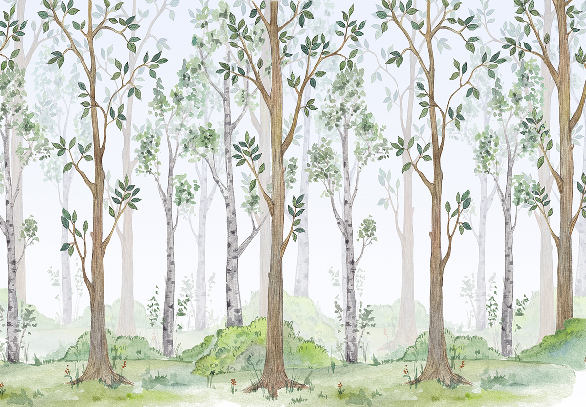 A watercolor painting of trees and grass