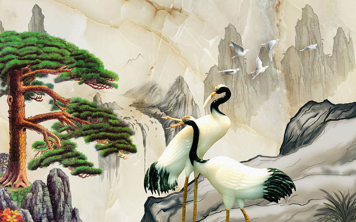 A couple of birds standing in front of a waterfall