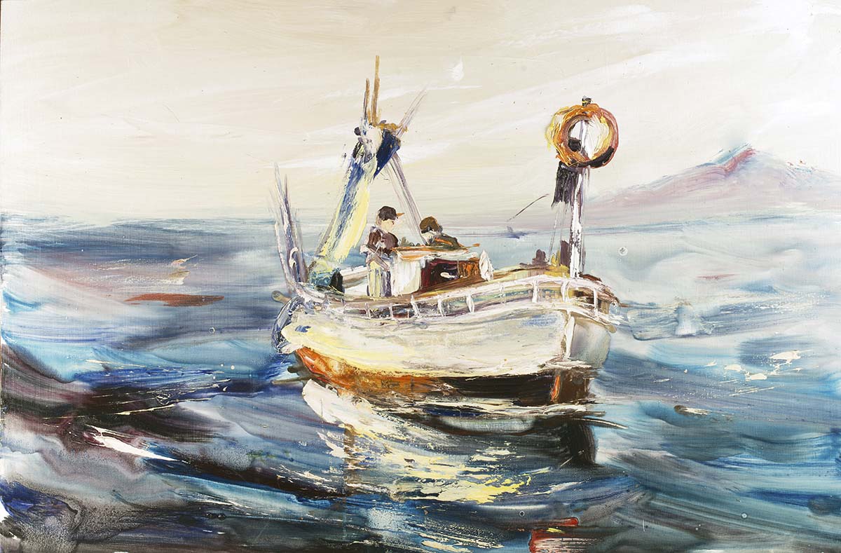 A painting of a boat in the water