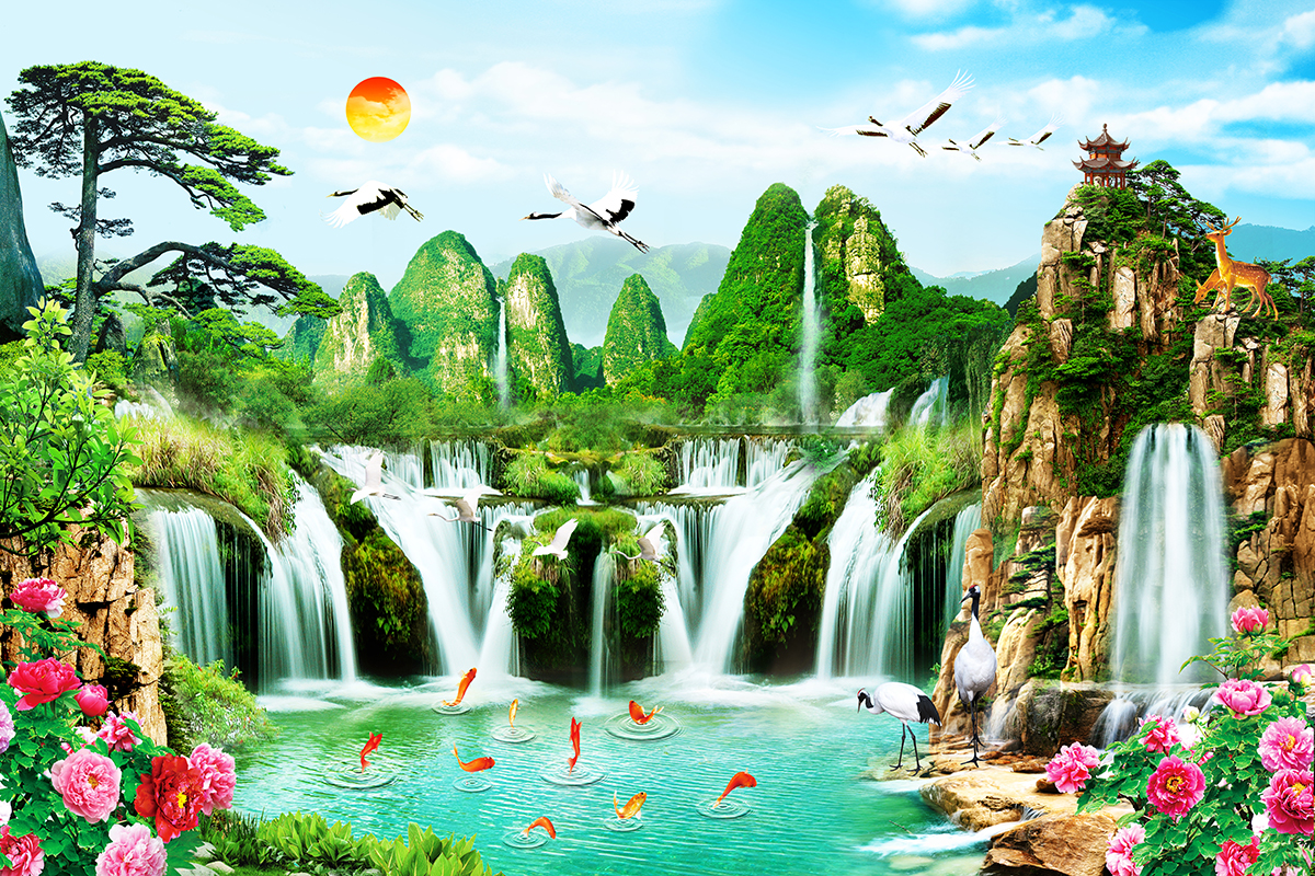 A waterfall with birds and flowers