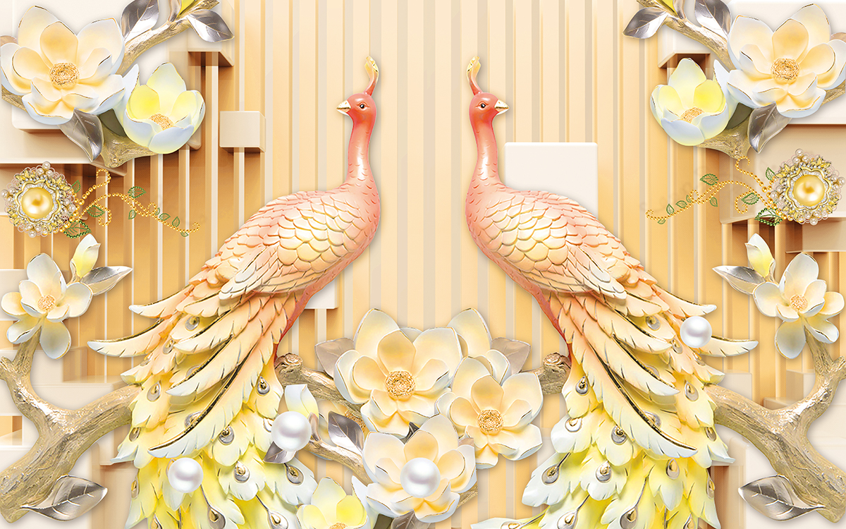 A wallpaper with two birds and flowers