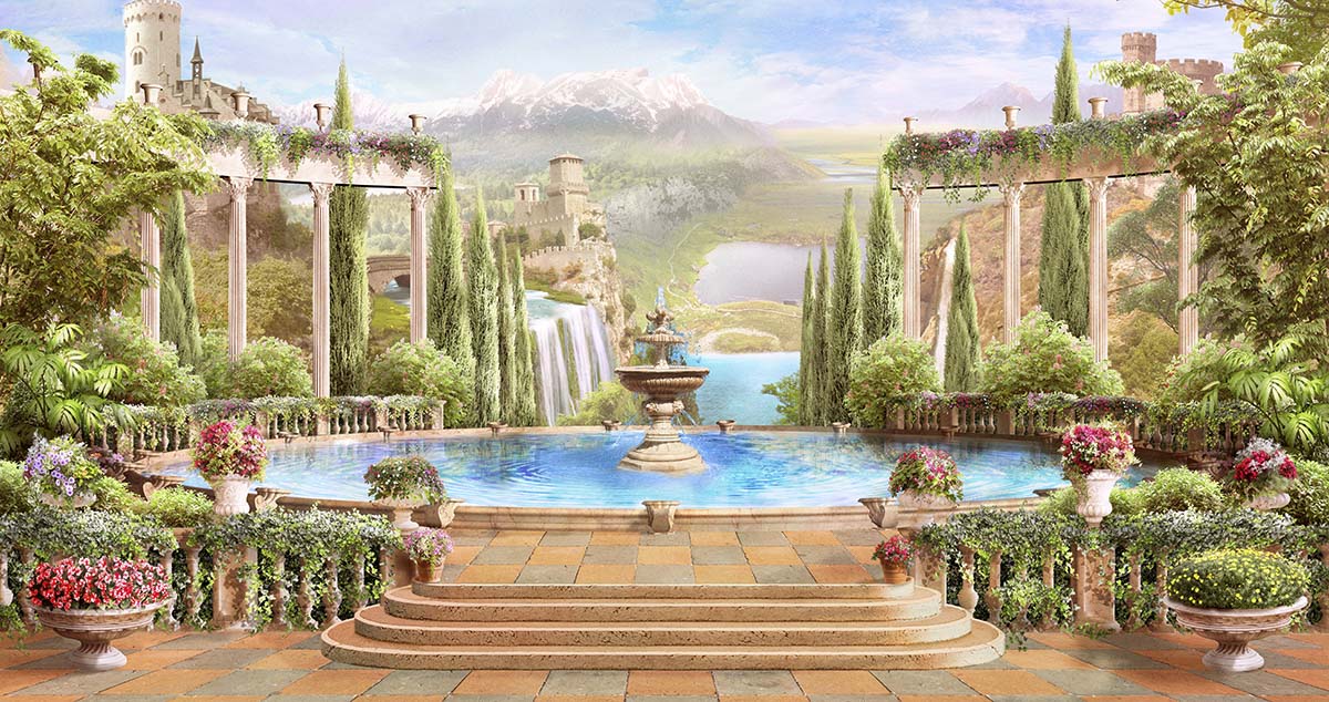 A pool with a fountain and a view of a mountain and a lake