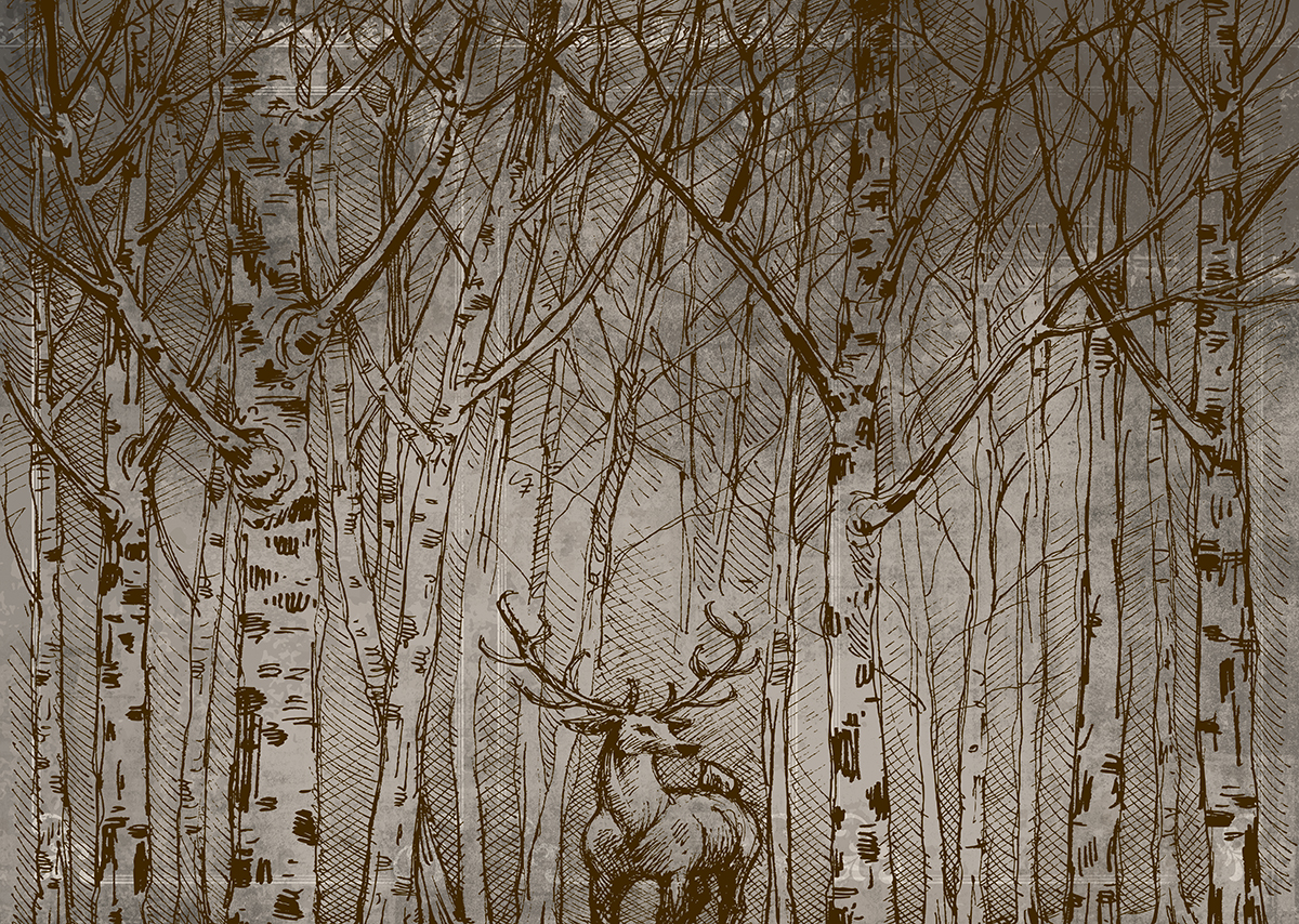 A drawing of a deer in a forest
