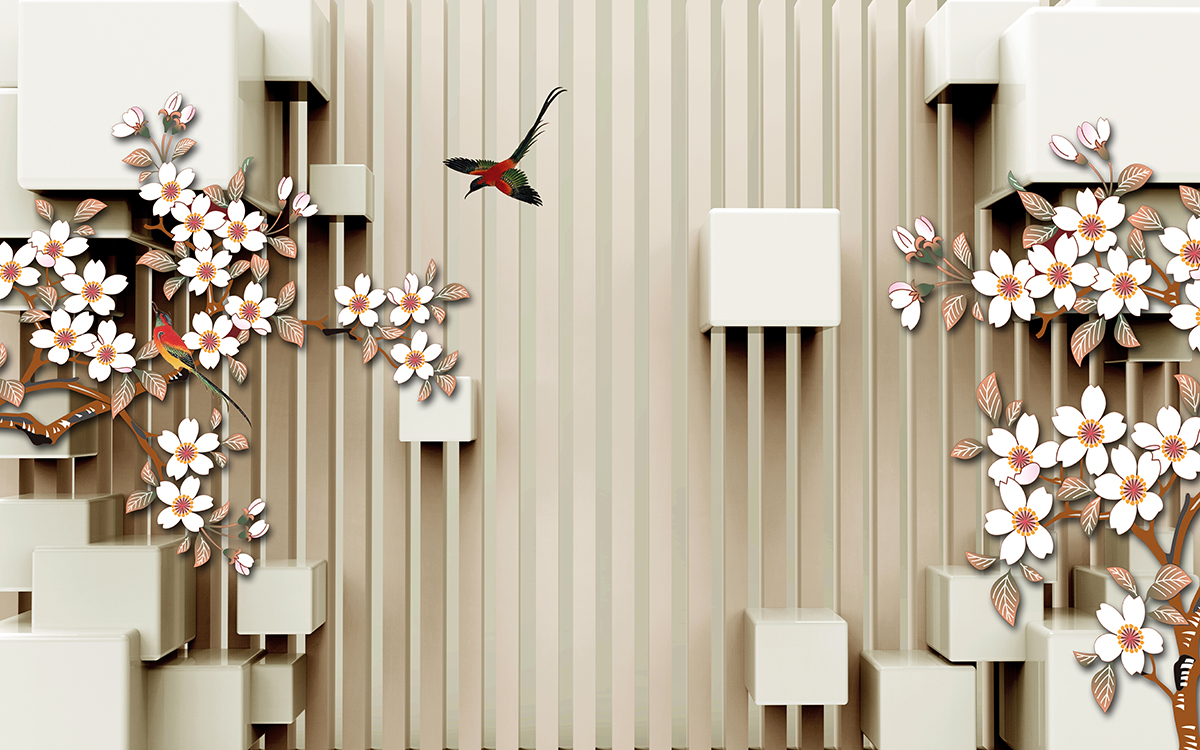 A wall with flowers and a bird