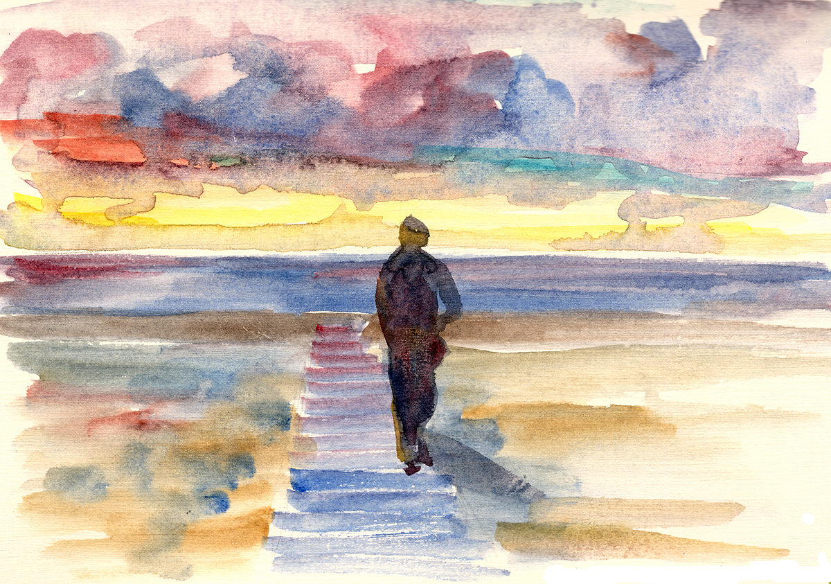 A watercolor of a man walking on a beach