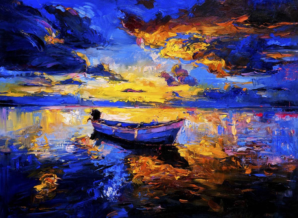 A painting of a boat in water