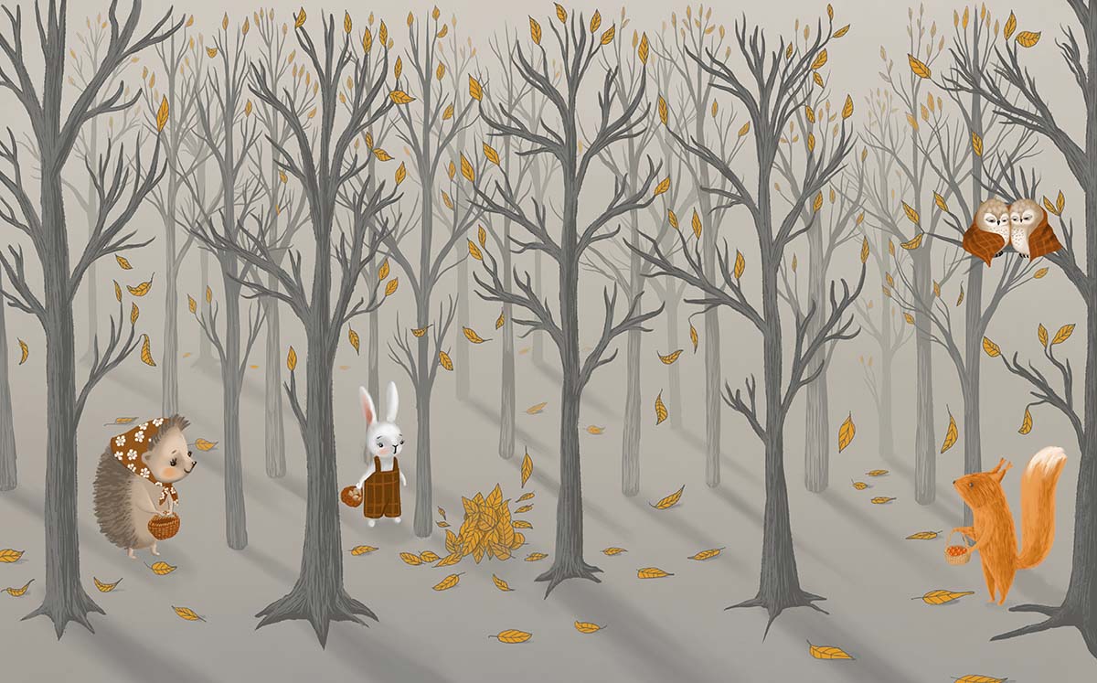 A cartoon of a rabbit in a forest of trees