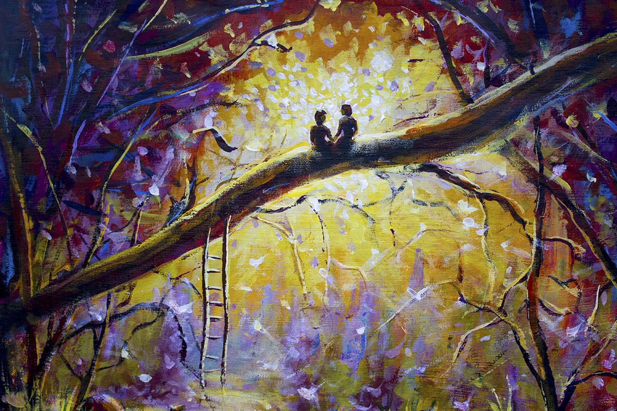 A painting of two people sitting on a tree branch