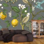 A bird and lemon tree with flowers and birds