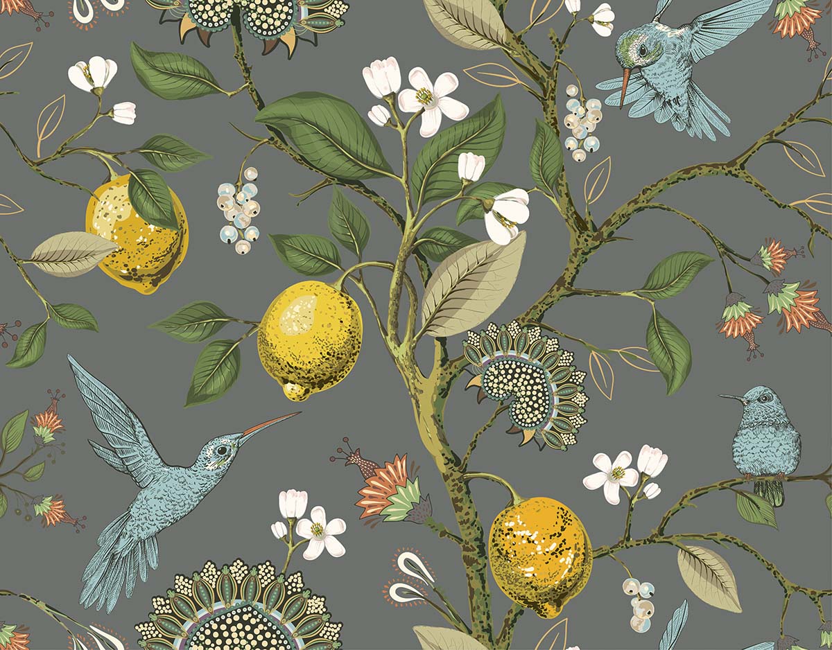 A bird and lemon tree with flowers and birds