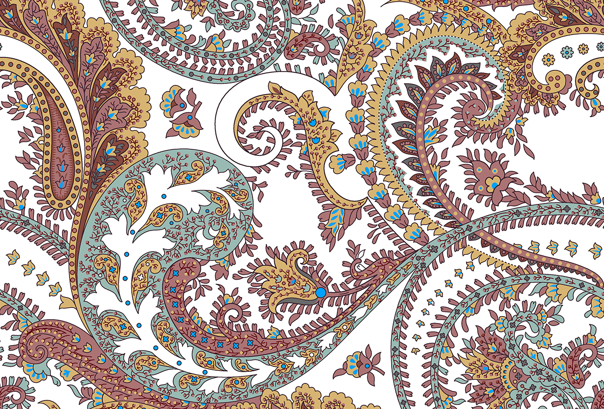 A colorful paisley pattern on a white background