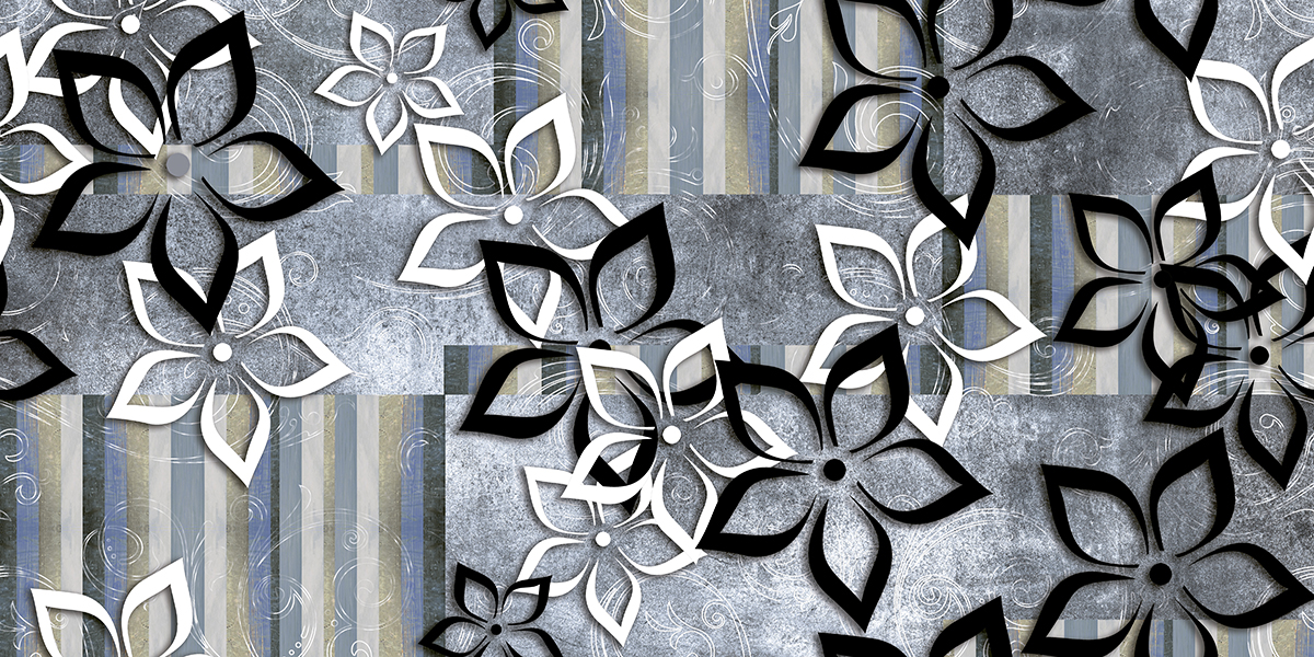 A black and white flowers on a striped background