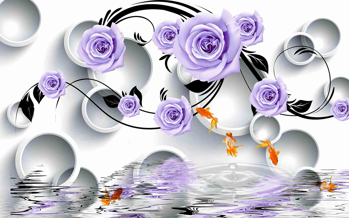 A wallpaper with purple roses and goldfishes