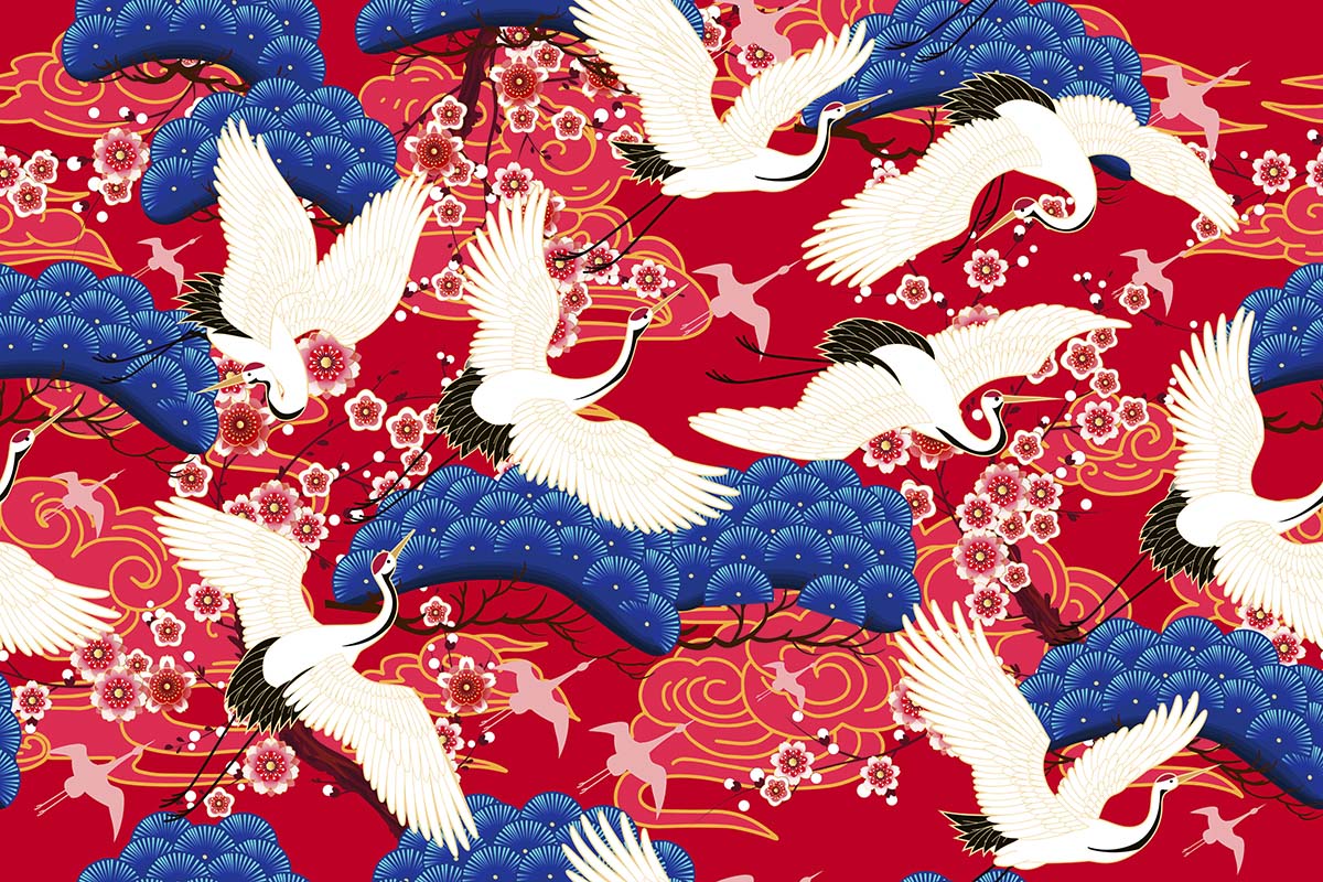 A pattern of white cranes and flowers