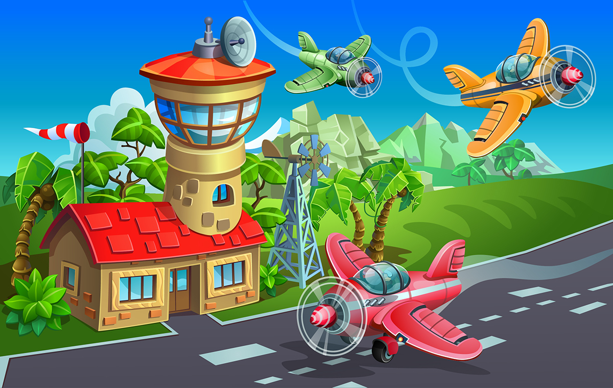 Cartoon airplane flying in the air