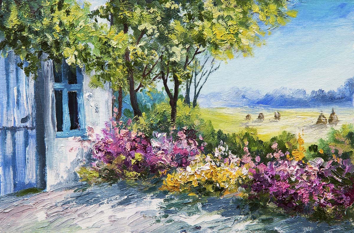 A painting of a house with flowers and trees