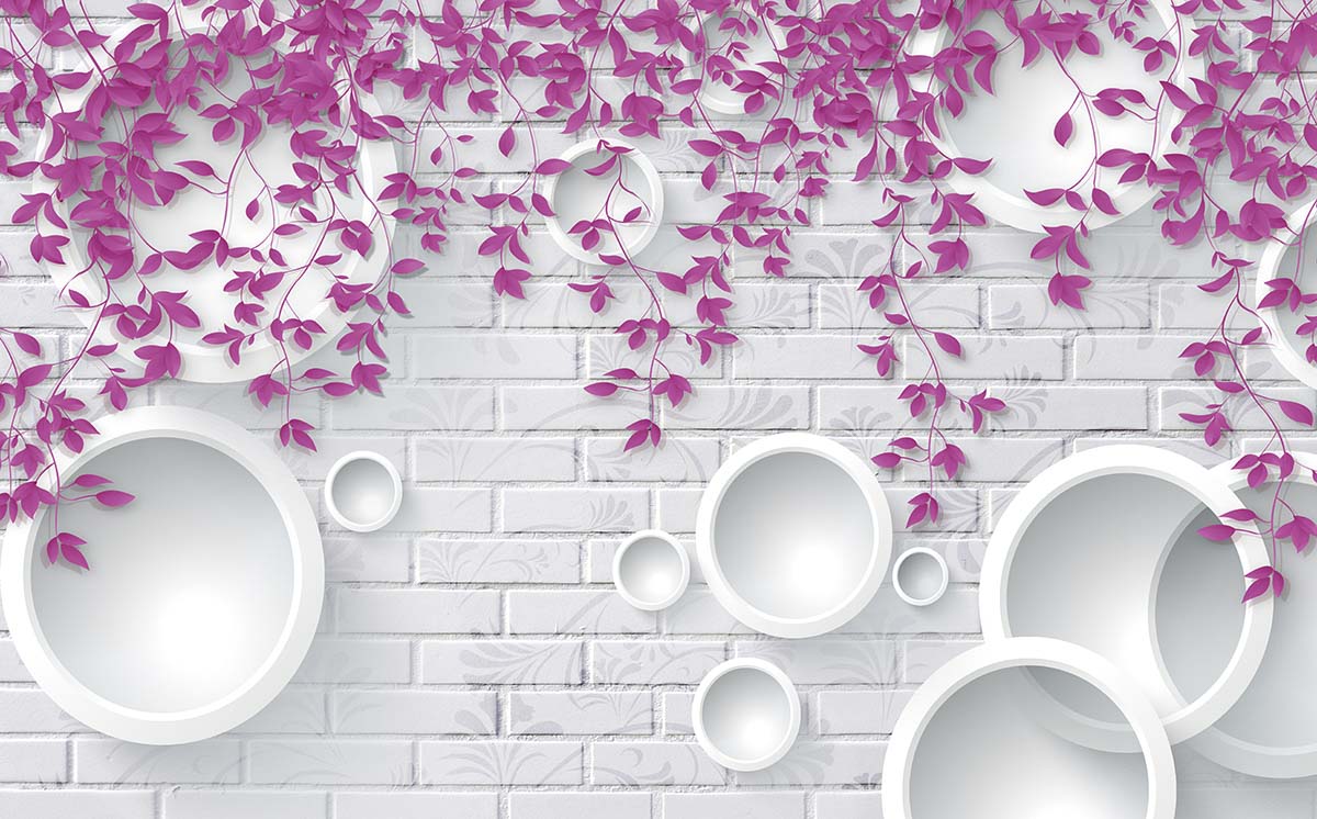 A wall with pink leaves and circles