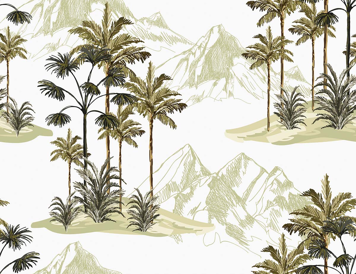 A wallpaper with palm trees and mountains