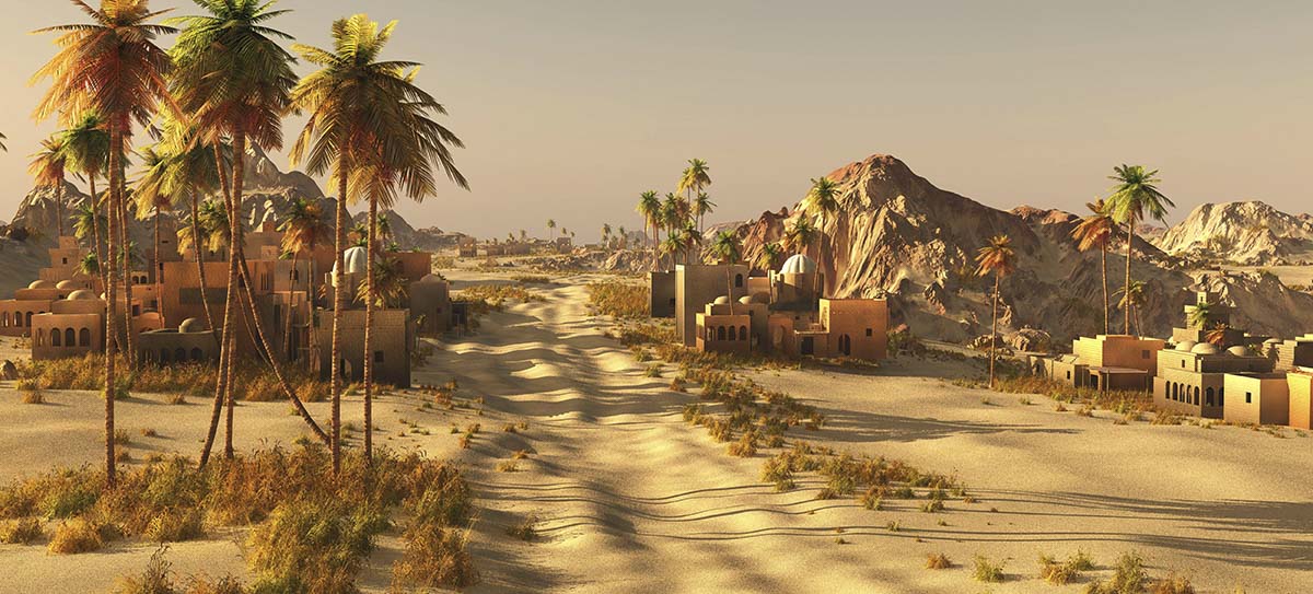 A desert landscape with buildings and palm trees