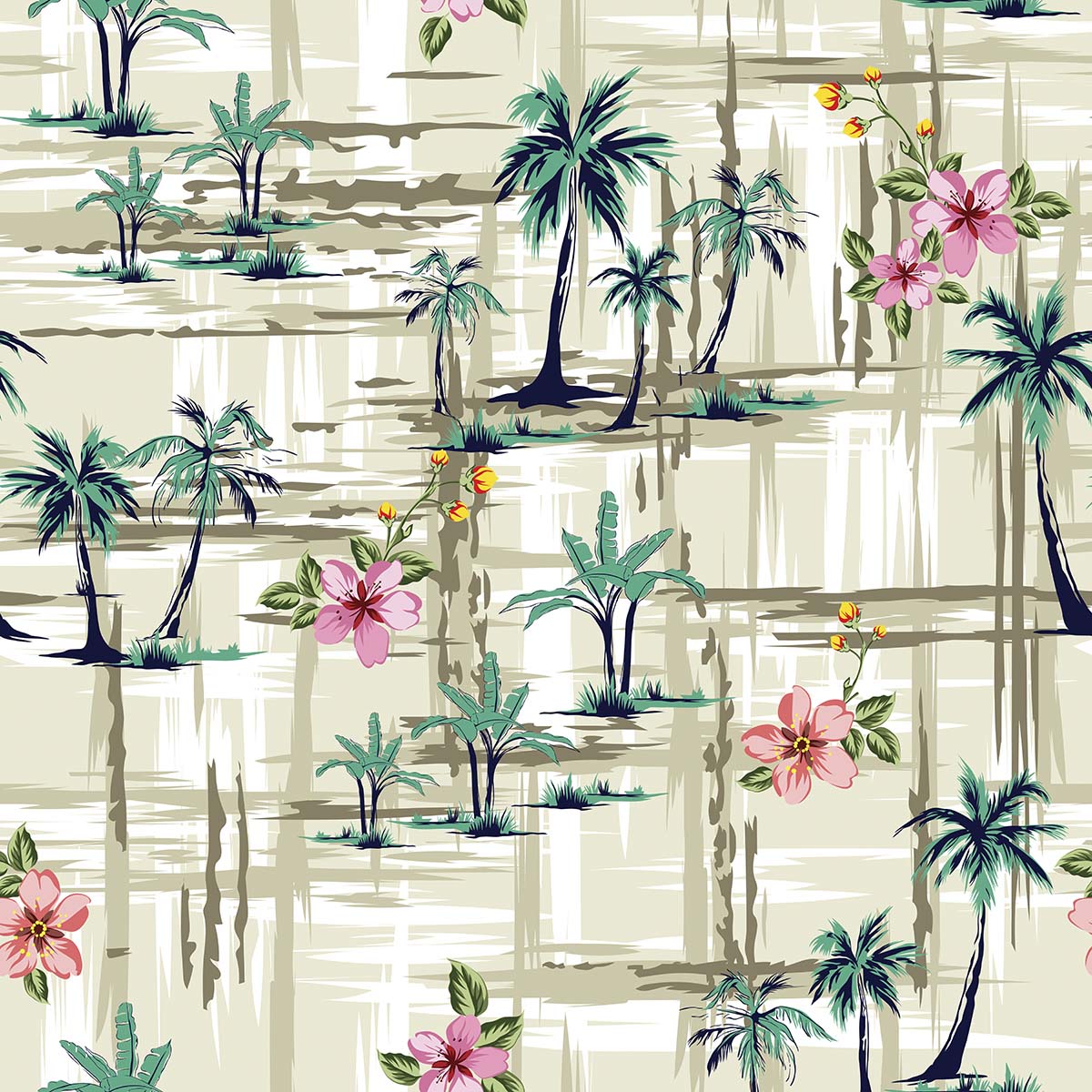 A pattern of palm trees and flowers