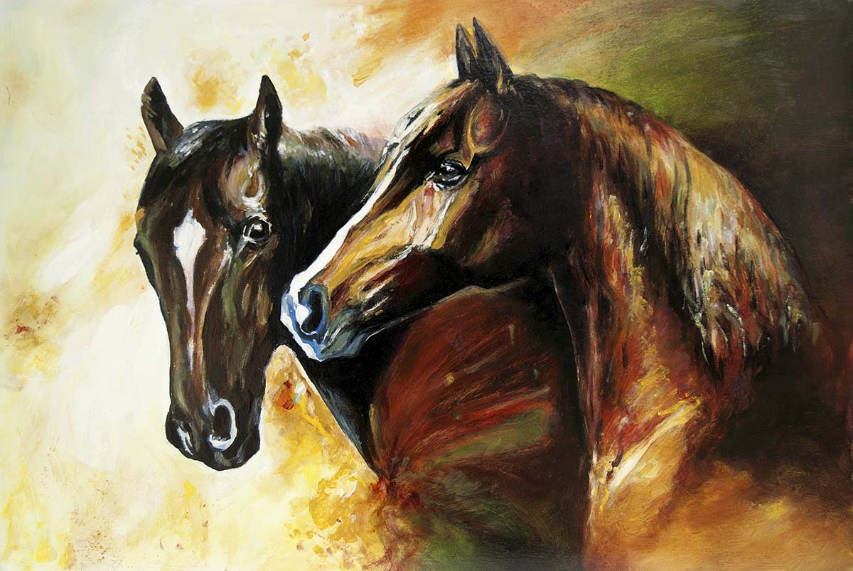 A painting of horses in motion
