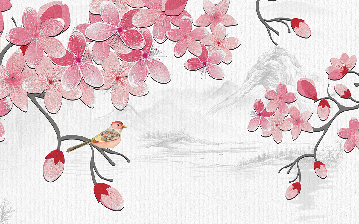 A bird on a branch with pink flowers