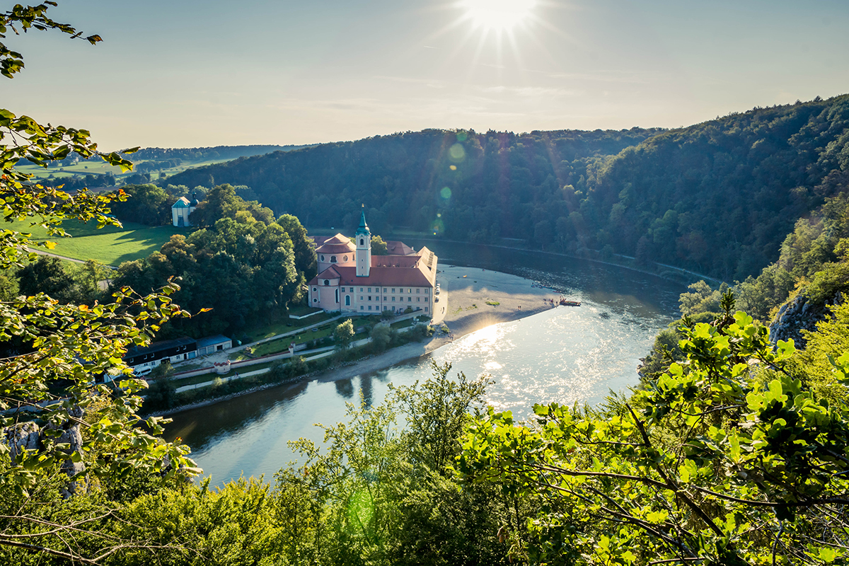 A building next to a river