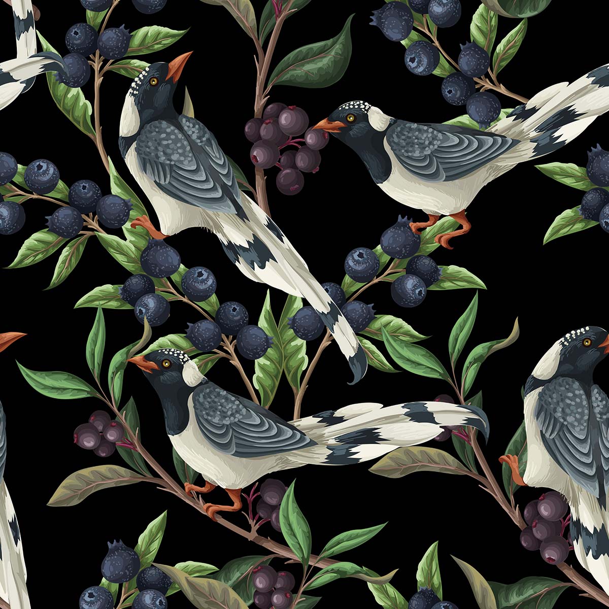 A pattern of birds and berries