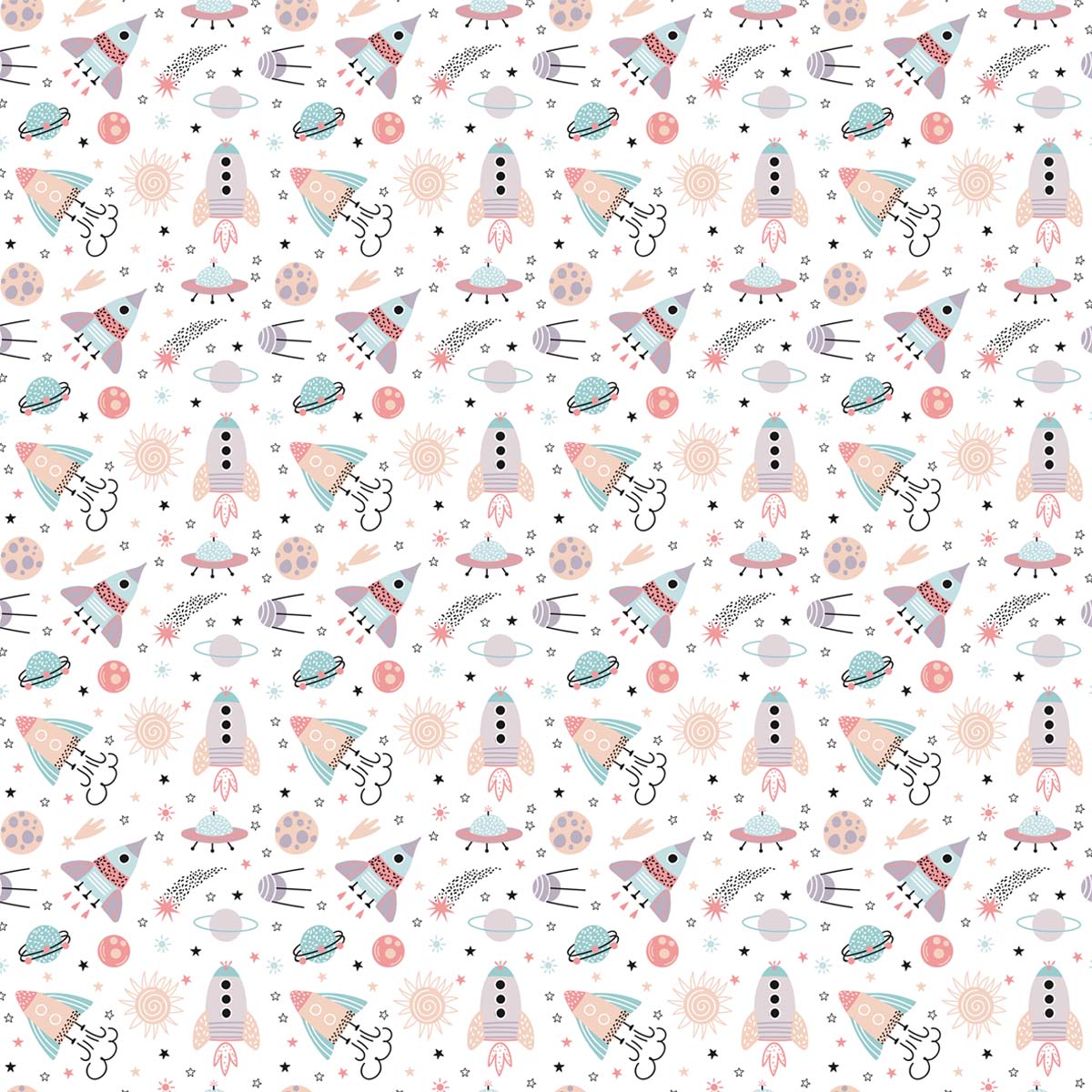 A pattern of cartoon rockets and planets