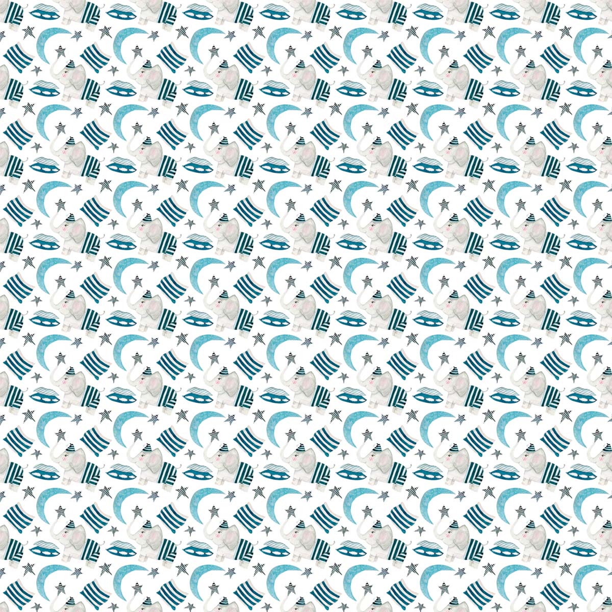 A pattern of watercolor elephants and stars