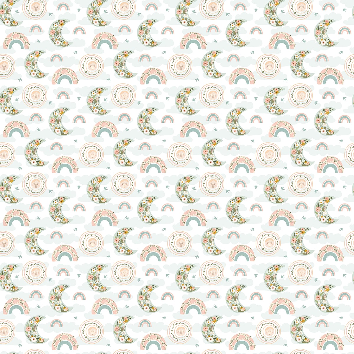 A pattern of flowers and rainbows