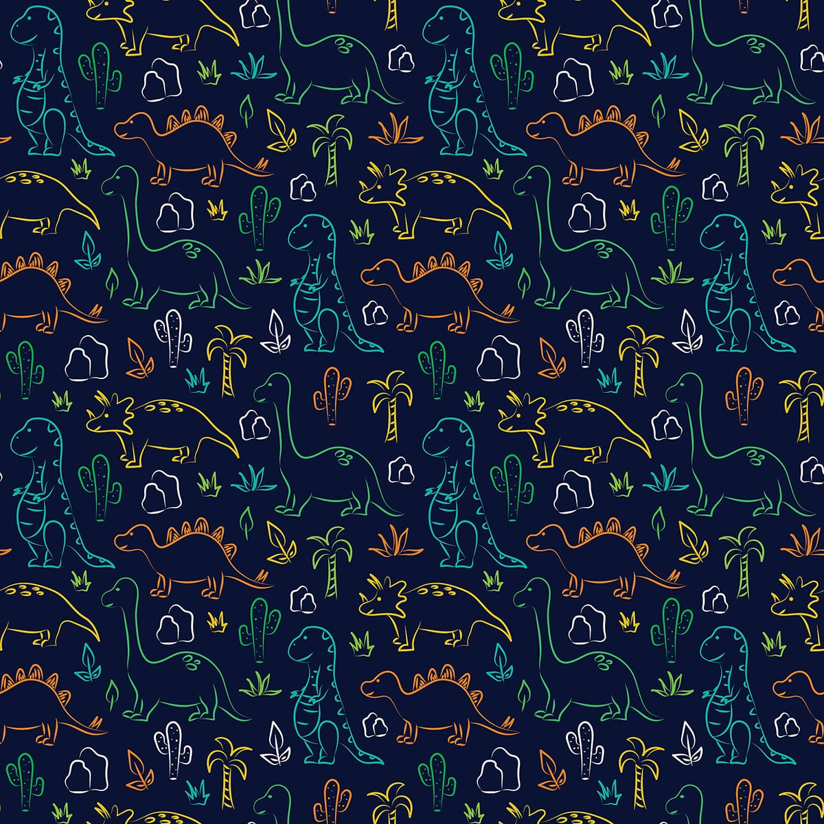 A pattern of dinosaurs and plants