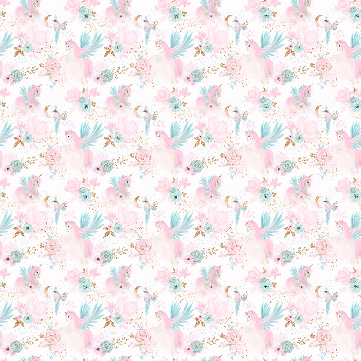 A pattern of flowers and unicorns